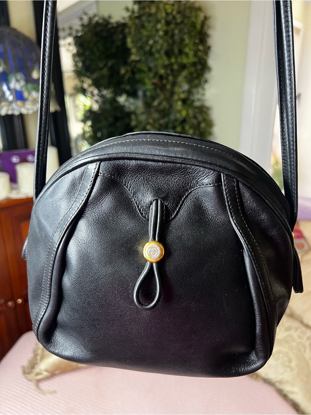 Vintage Gucci 70s 80s Black Leather GG Medallion Shoulder Bag